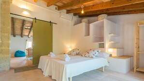 A bedroom with two beds, a wooden ceiling, a green partition, and a white wall with shelves. - SON BANUS - Chalet with private garden in Manacor. Free WiFi (Manacor)