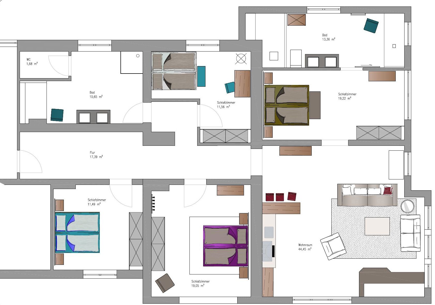 Plano de distribución de un hotel que muestra varias habitaciones, una sala de estar y un baño.