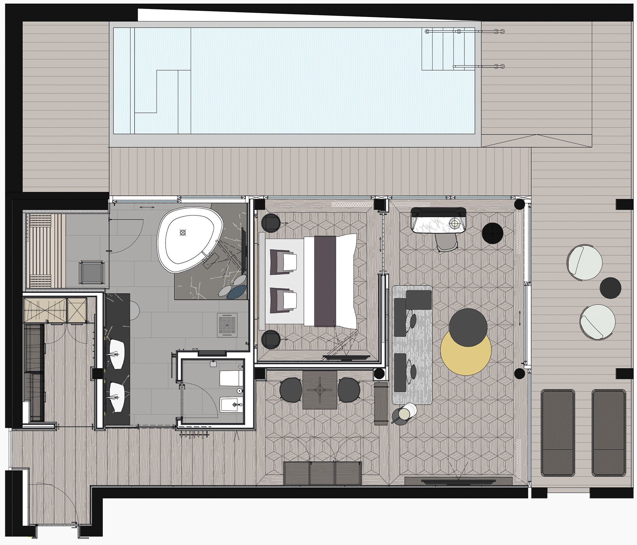 A hotel floor plan with a pool, a dining area, a kitchen, and a living room.
