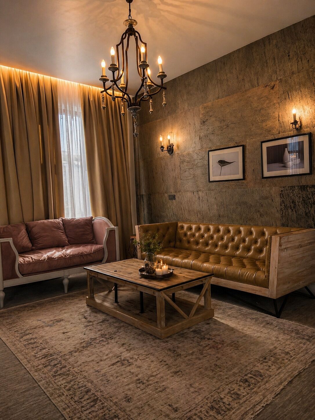 A living room with a chandelier, two sofas, a coffee table, and wall-mounted sconces.