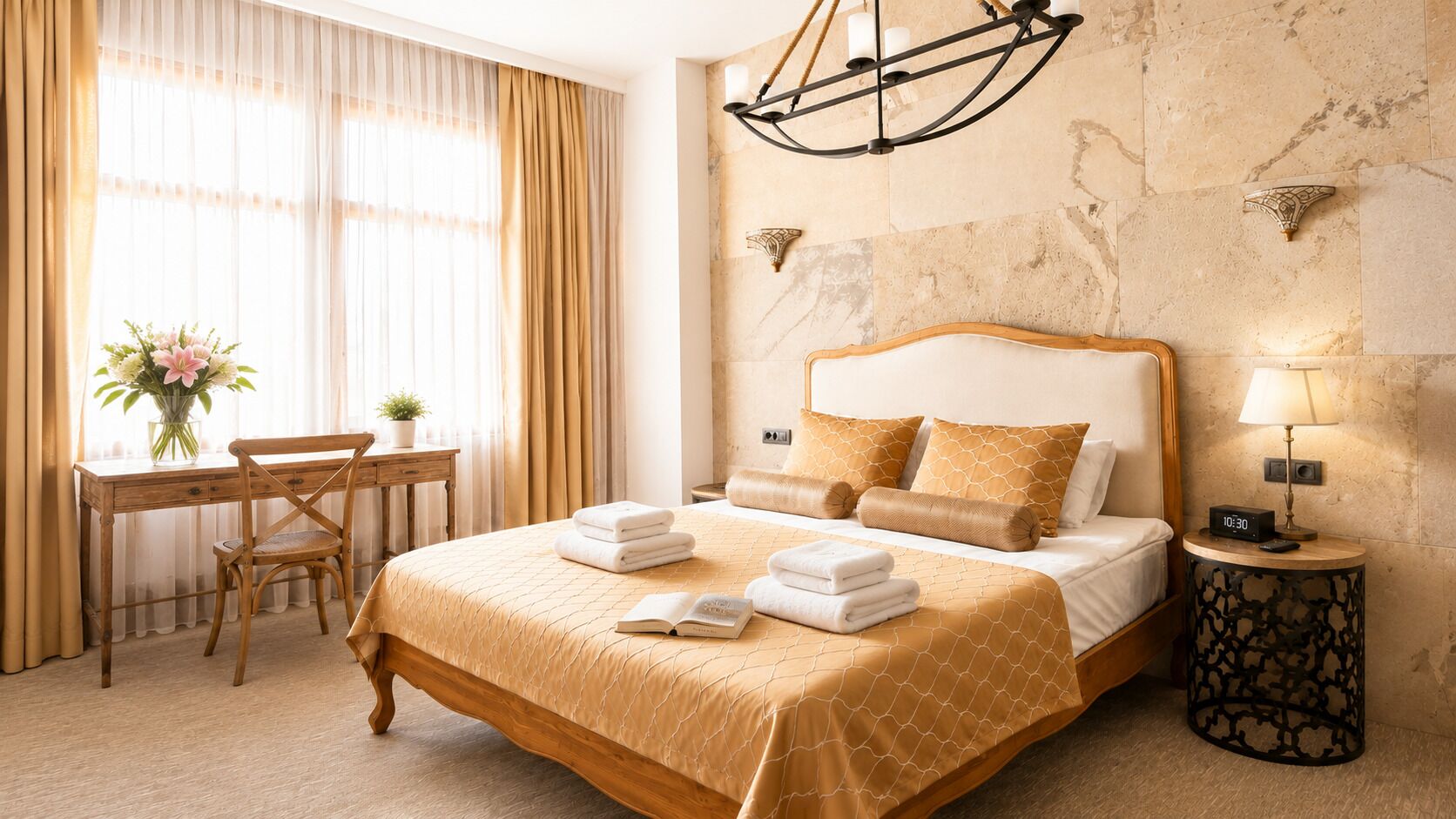 Ein Hotelzimmer mit einem großen Bett, einem Schreibtisch mit Stuhl, einem Nachttisch mit Lampe und einer Wanduhr.