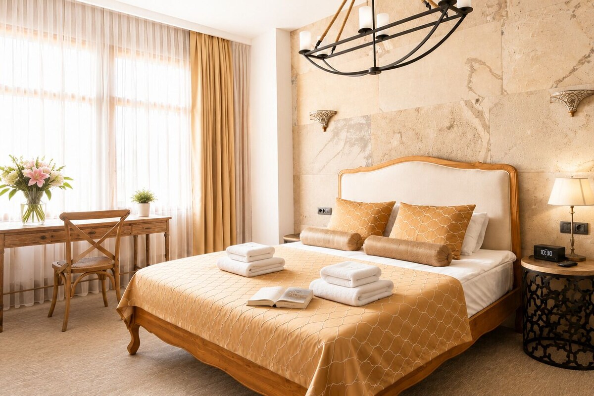 A hotel room with a large bed, a desk with a chair, a bedside table with a lamp, and a wall-mounted clock.
