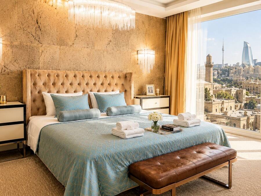 Un dormitorio con una cama grande, mesitas de noche, un banco y vistas a la ciudad.