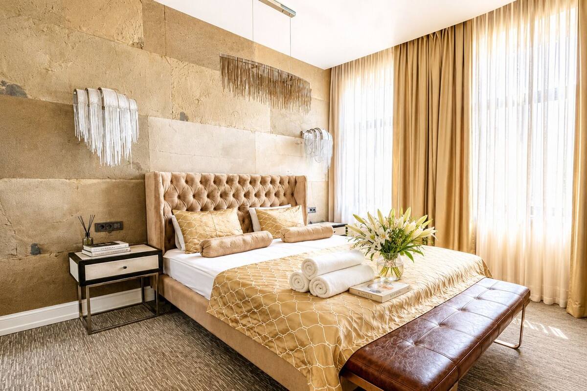 Quarto com cabeceira estofada, cama grande com colcha bege, mesa de cabeceira com luminária, um banquinho e um vaso de planta.