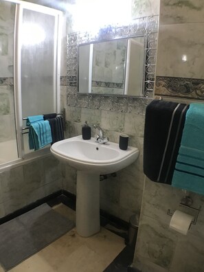 Combined shower/bathtub, hair dryer, towels, soap
