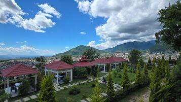 A view of a town with red-roofed gazebos and a mountain in the background.