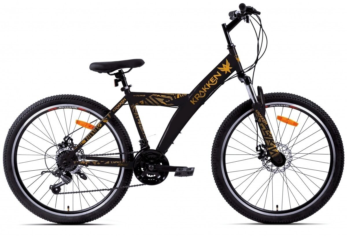 A stationary bicycle with a black frame and yellow accents, featuring a gear system and a seat.