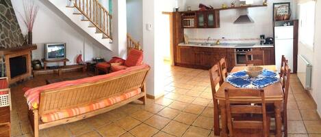 TV, fireplace, DVD player, books