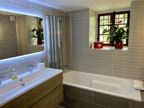 Combined shower/tub, hair dryer, towels, soap