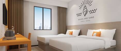 A hotel room with two beds, a desk, and a large window with a city view.