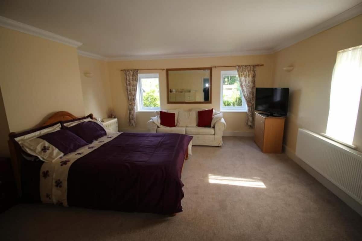 Un dormitorio con cama, sofá, televisor y ventana.