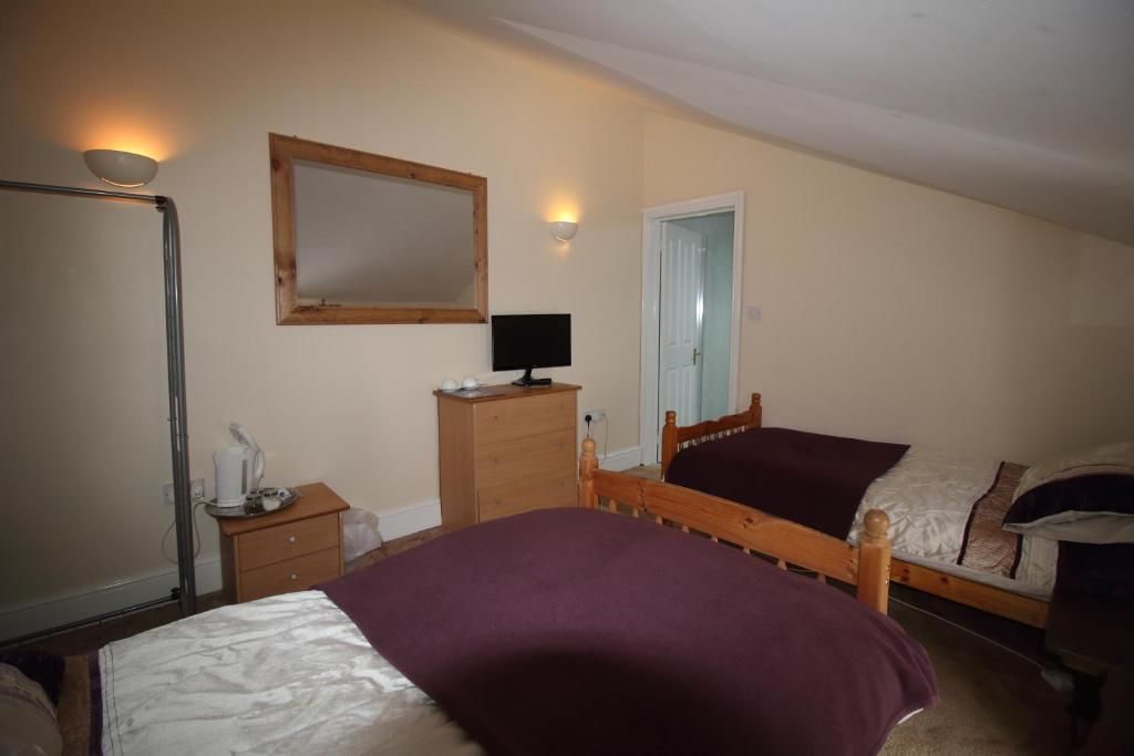 A bedroom with two beds, a wooden dresser, a mirror, a flat-screen TV, and a door.