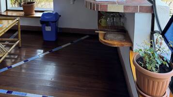 A kitchen with a window, a sink, a kettle, and a potted plant.