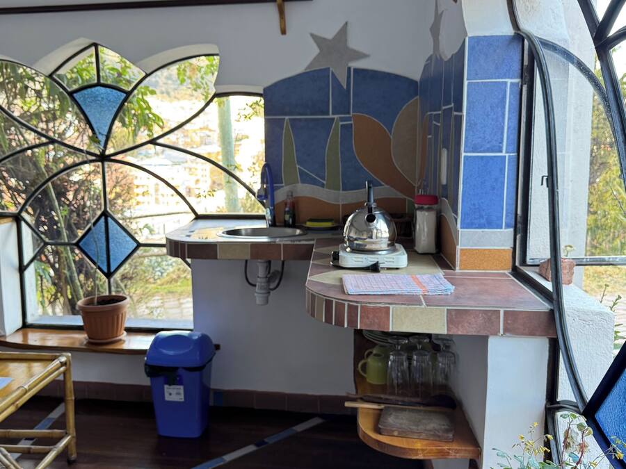 A kitchen with a window, a sink, a kettle, and a potted plant.