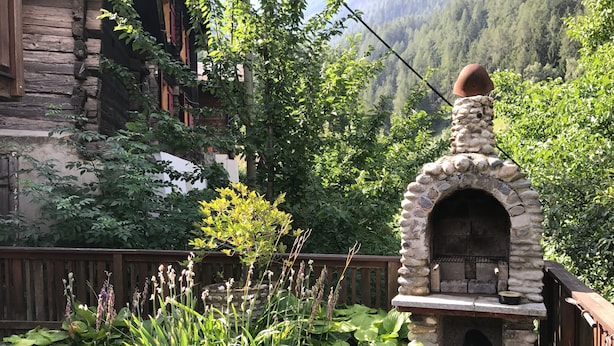 Un four extérieur en pierre, de style rustique, entouré d’une végétation luxuriante et d’une clôture en bois.
