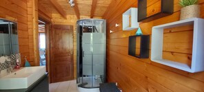 Shower, hair dryer, towels, toilet paper