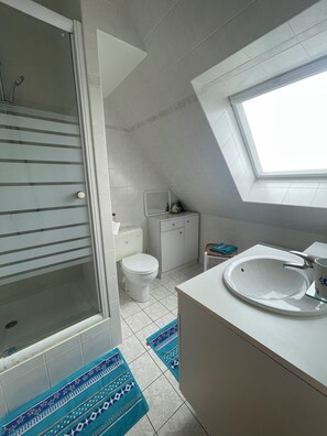 Hair dryer, towels, toilet paper