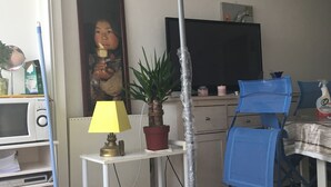 A living room with a standing lamp, a potted plant, a blue chair, a television, and a microwave. - Sea view apartment (Quiberon)