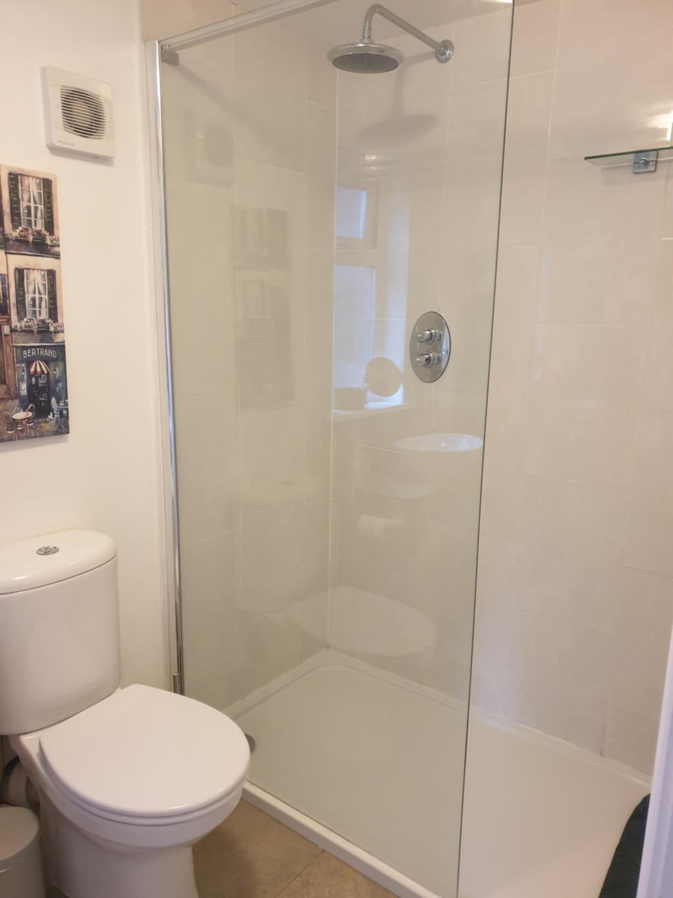 A modern bathroom with a glass-enclosed shower, a white toilet, and a small sink.