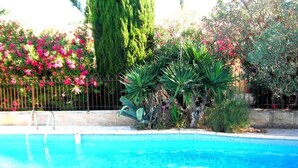 A swimming pool surrounded by lush greenery and flowering plants. - Les Mazets Du Soleil: Bed and Breakfast (Maussane-les-Alpilles)