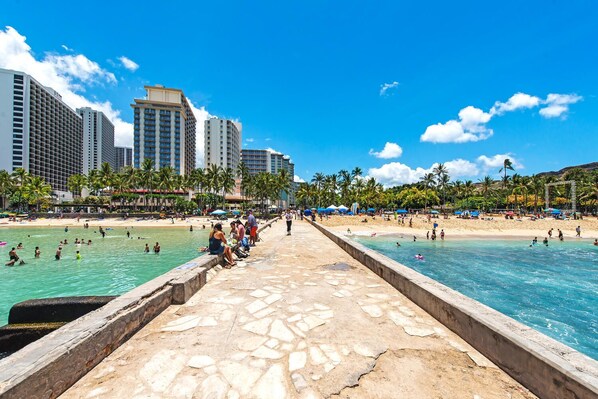 Stroll along the oceanfront promenade lined with palm trees and enjoy breathtaking views of the sandy beach.