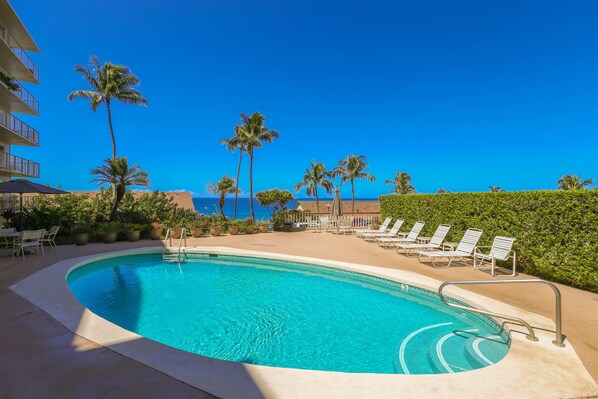 Une piscine d’un bleu éclatant, bordée de chaises longues et entourée de palmiers, le tout adossé à un immeuble doté de balcons.