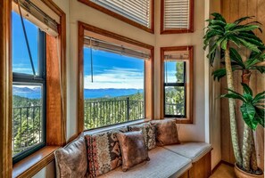 Smart TV, fireplace, books, stereo