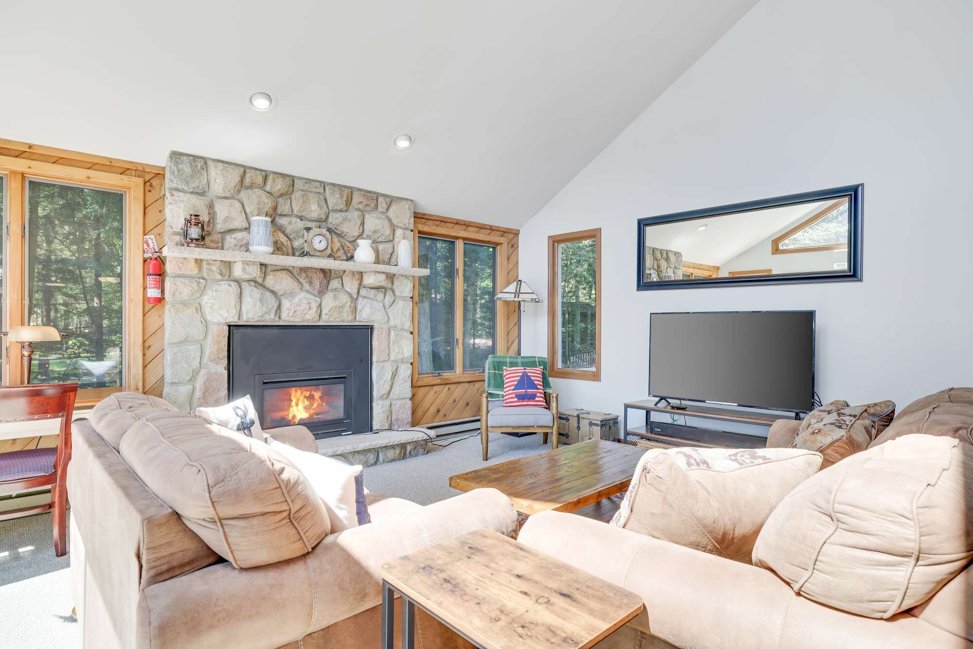 TV, fireplace, video games, foosball