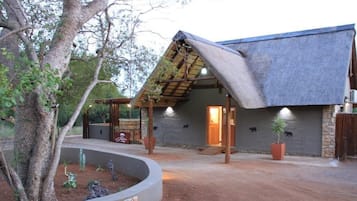 A rustic building with a sloped roof, a concrete planter with plants, and a dirt driveway.