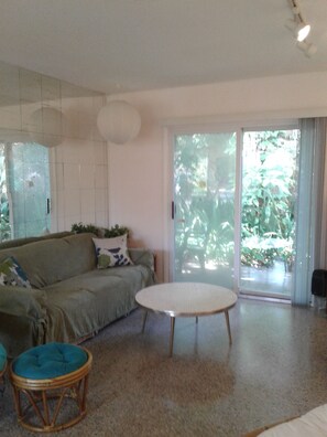 Televisio, DVD-soitin, kirjoja, stereot