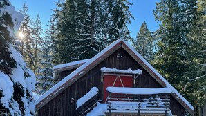 Une cabane en bois avec une porte rouge, entourée d’arbres couverts de neige et sous un ciel dégagé.