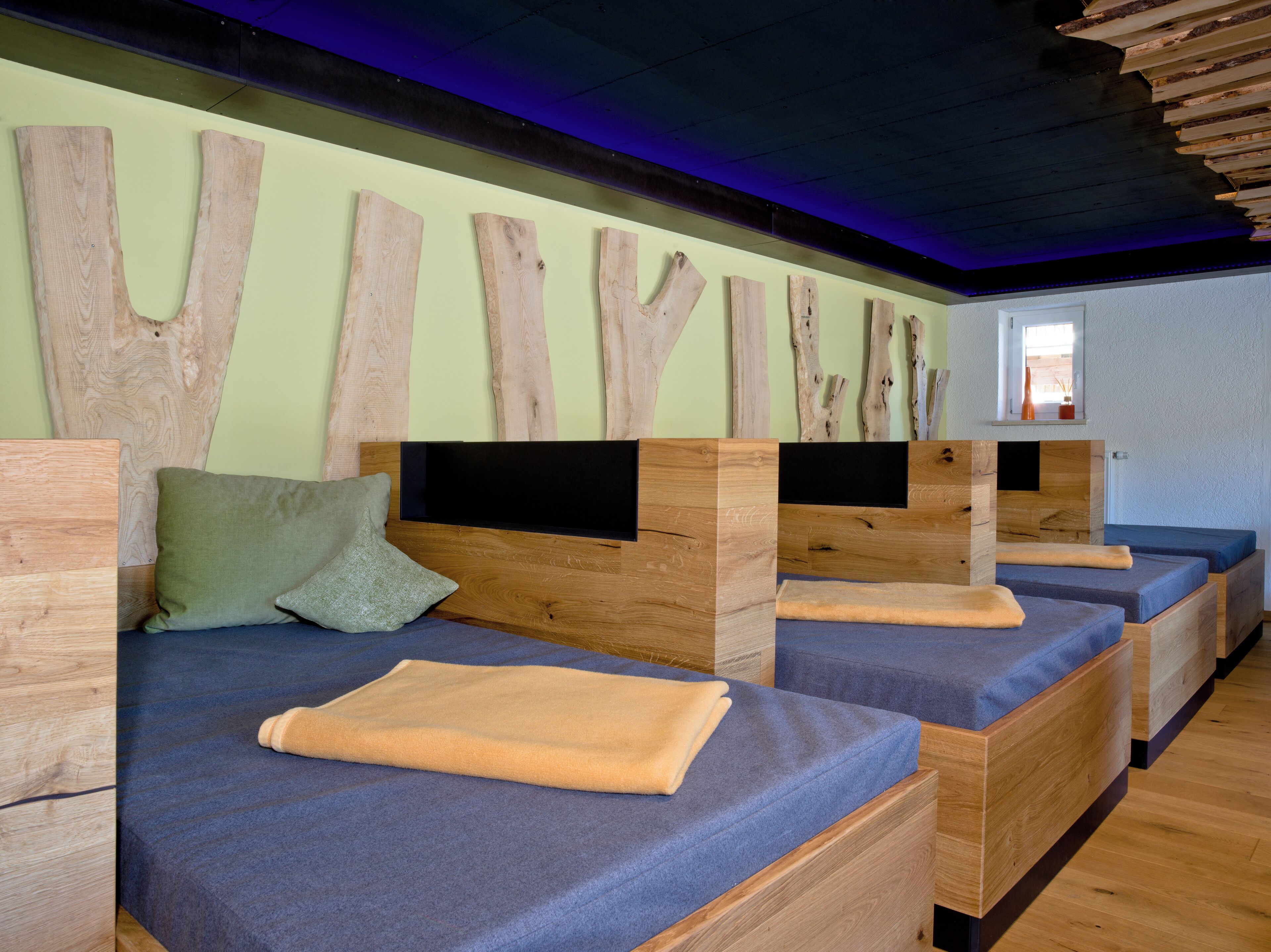 A row of wooden beds with blue bedding and a green pillow, against a wall with large wooden planks.
