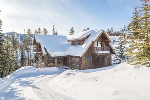 A wooden cabin with a snow-covered roof, surrounded by trees and a ski slope.