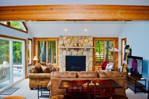 TV, fireplace, video games, table football