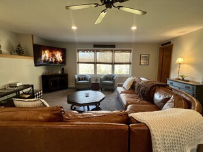 Smart TV, fireplace, video games, DVD player