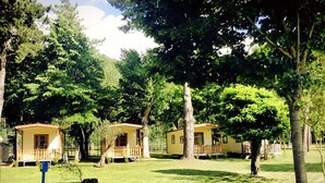 A row of small, single-story cabins with wooden decks, surrounded by lush green trees and grass. - Camping Amalasunta (Montefiascone)