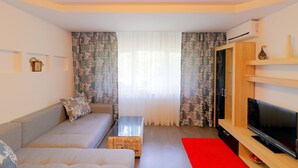 Un salon moderne avec un canapé, une table basse, un téléviseur et un tapis rouge.