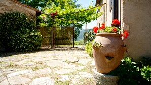 Ein Steinweg führt zu einem rustikalen Gebäude mit einer mit Weinreben bewachsenen Pergola und einem großen Terrakottatopf mit roten Blüten.