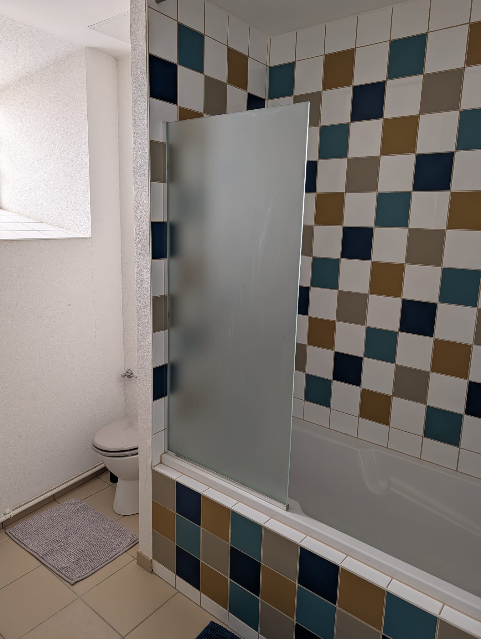 A bathroom with a toilet, a shower with frosted glass door, and a tiled wall with a checkered pattern.