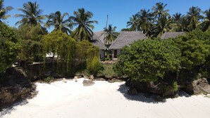 A beach resort with thatched-roof huts, palm trees, and a sandy beach. - Bella Vista Resort Zanzibar (Kizimkazi)