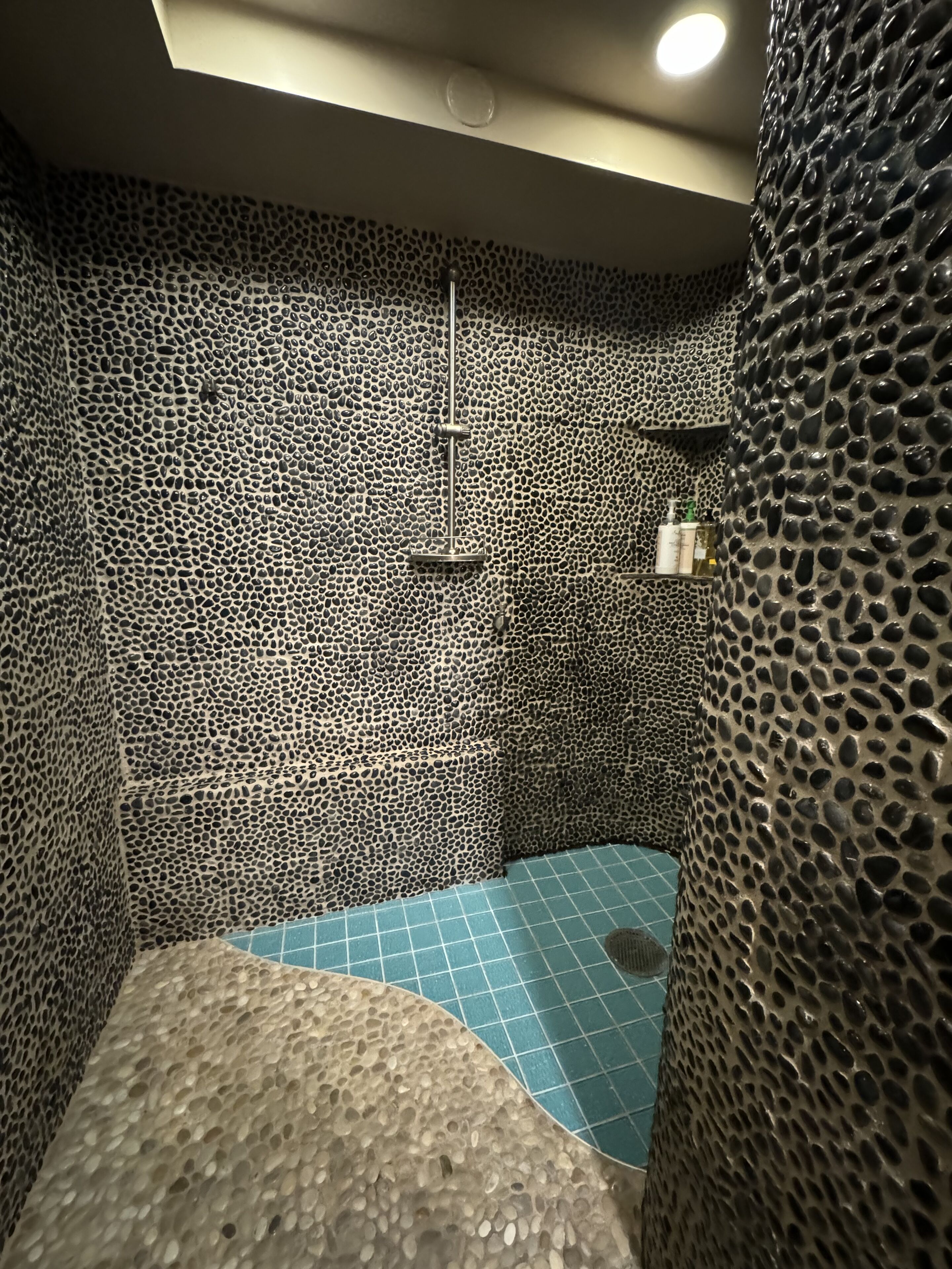 A bathroom with a textured stone wall, a shower area with a blue tiled floor, and a ceiling light.