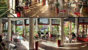 A covered outdoor cafe with tables and chairs, potted plants, and a view of the street. - Riad Beni Youssef (Marrakech)