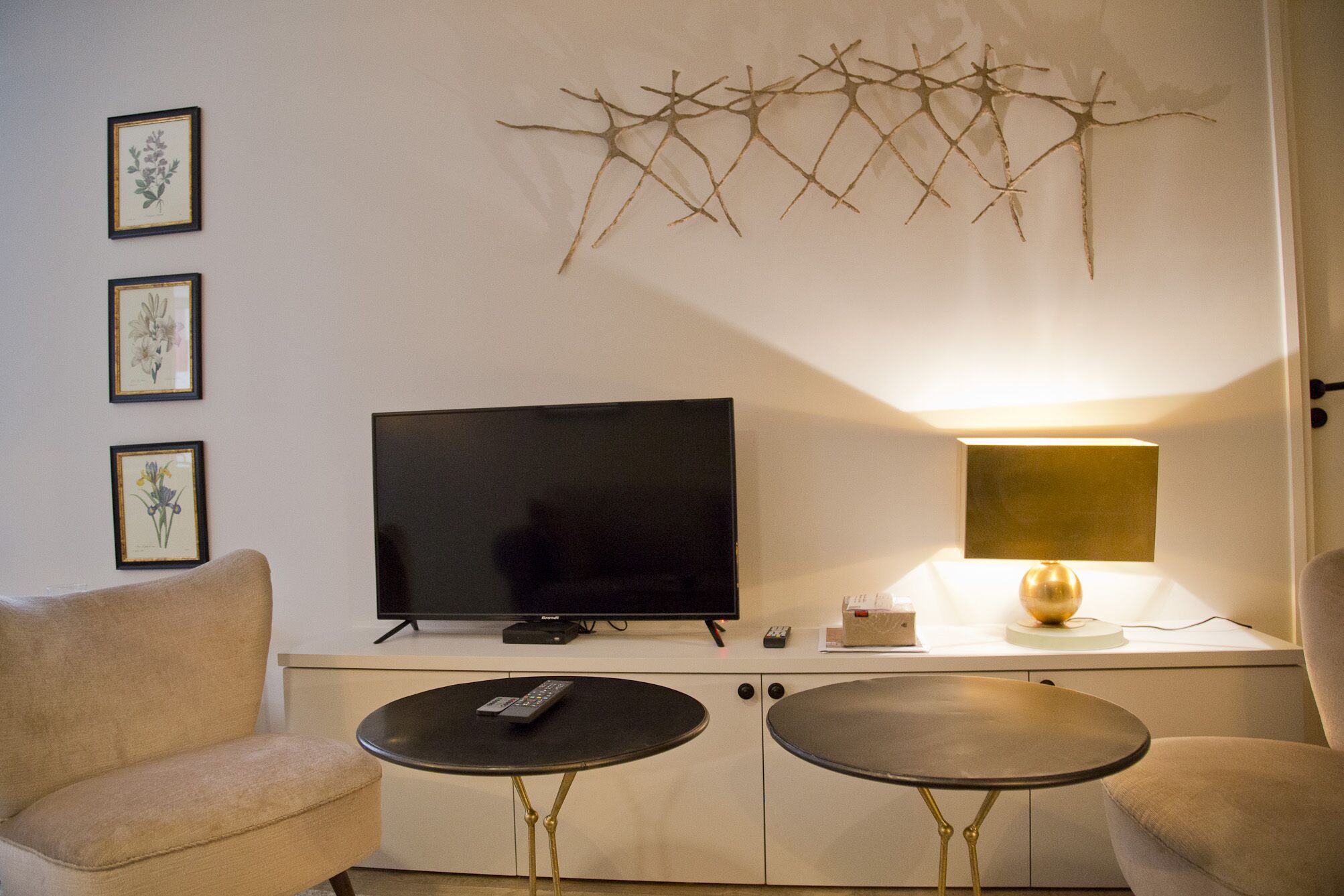 En stue med et fladskærms-tv, en lampe og indrammede botaniske illustrationer på væggen.