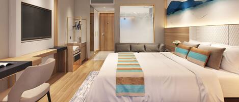 A modern hotel room with a large bed, a desk, a chair, and a TV.