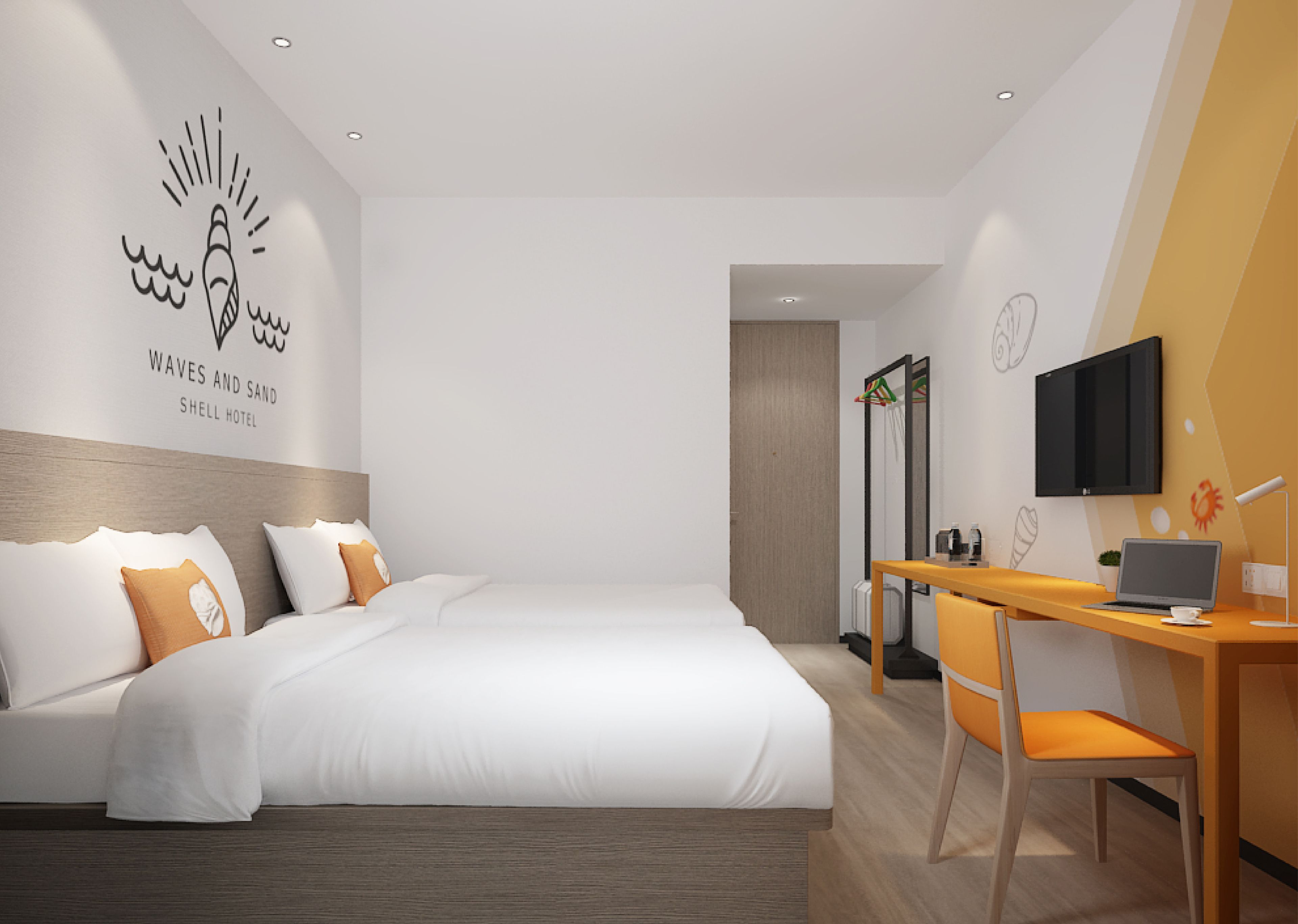 A modern hotel room with a large bed, a desk with a chair, a TV, and a wall with a decorative design.