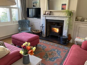 TV, fireplace, DVD player, books