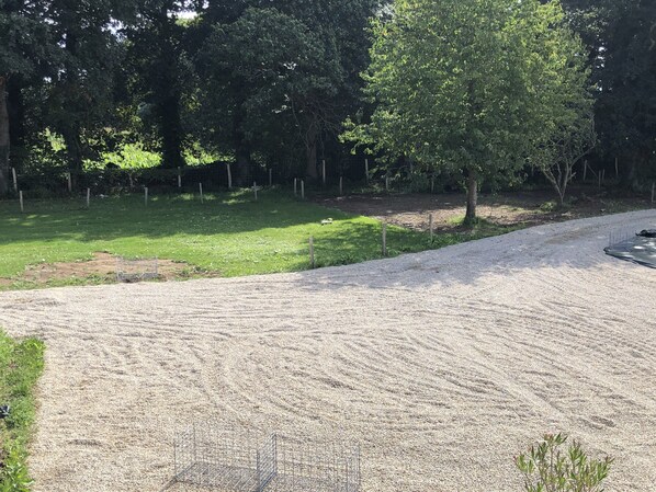 Ein Kiesweg führt zu einem umzäunten Bereich mit Bäumen und Rasen.