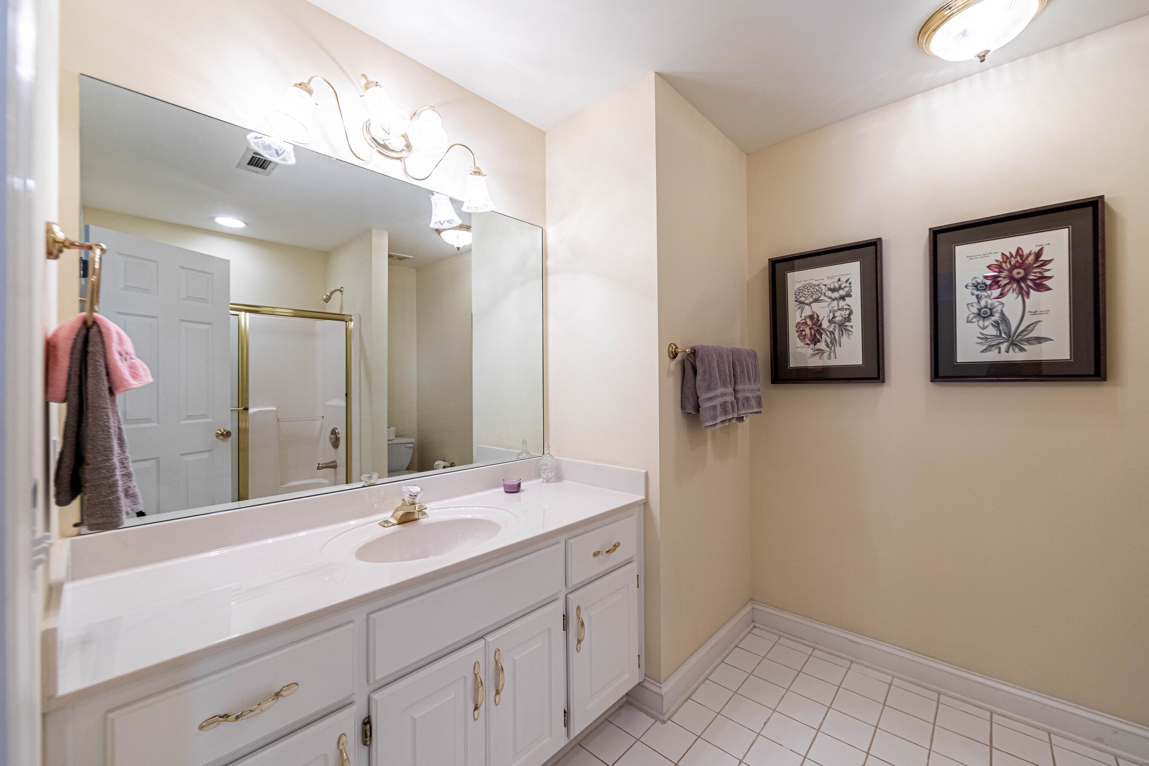 A bathroom with a white vanity, a large mirror, a sink, and two framed botanical prints on the wall.