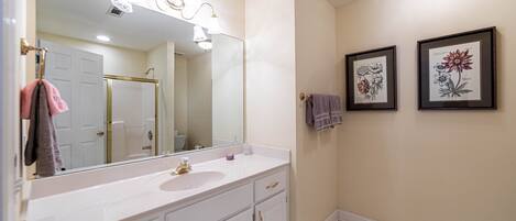 A bathroom with a white vanity, a large mirror, a sink, and two framed botanical prints on the wall.