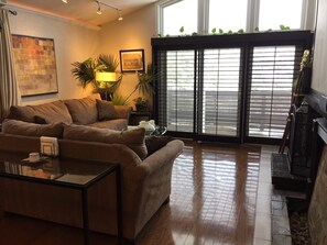 Smart TV, fireplace, DVD player, stereo
